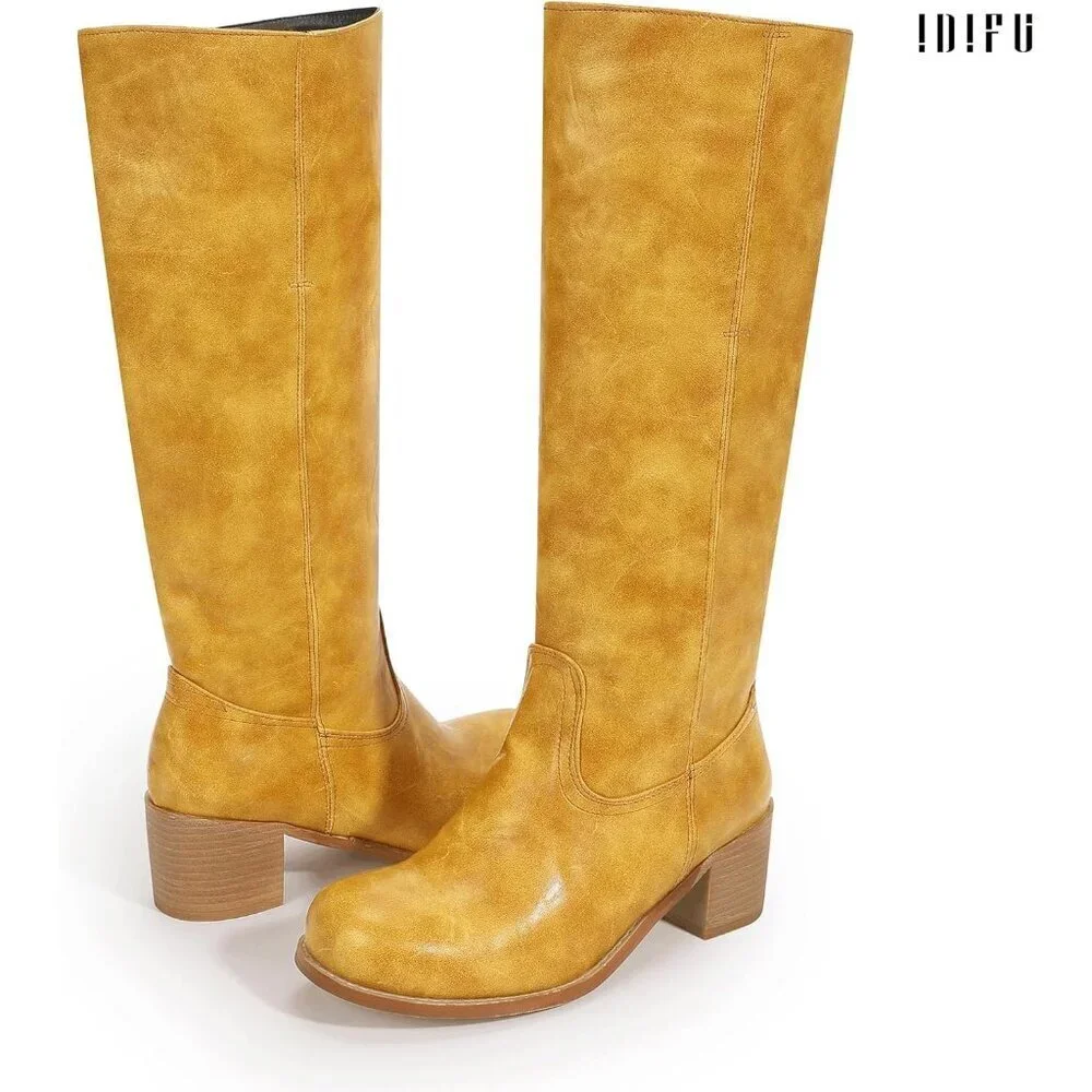 Women's Banana Yellow lDIFU Knee-High Square Toe Chunky Block Heel Riding Boots - Picture 6 of 6